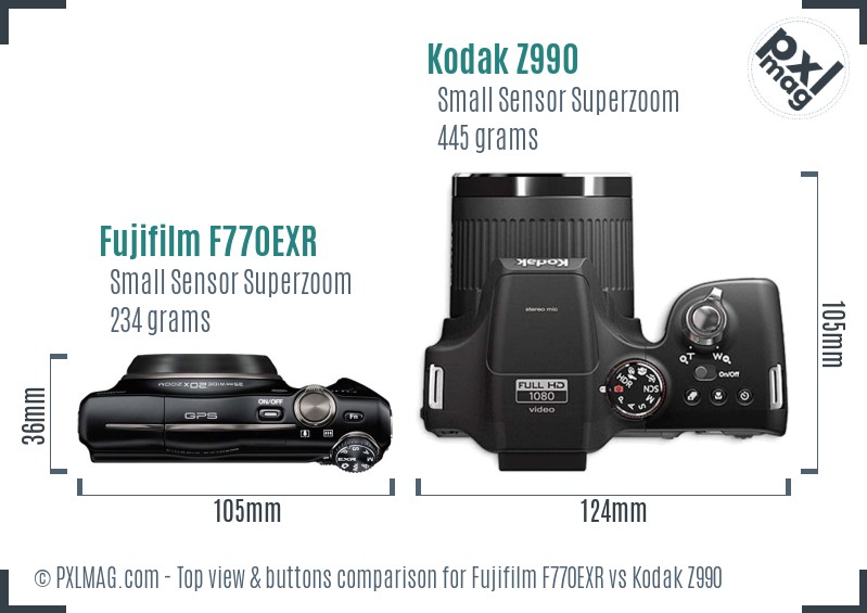 Fujifilm F770EXR vs Kodak Z990 top view buttons comparison
