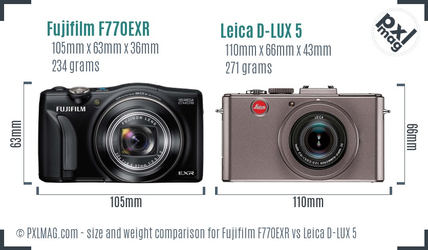 Fujifilm F770EXR vs Leica D-LUX 5 size comparison