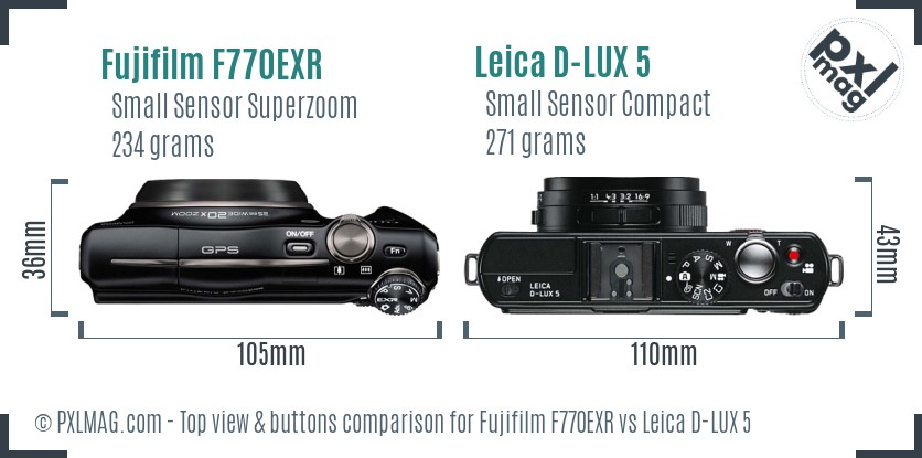 Fujifilm F770EXR vs Leica D-LUX 5 top view buttons comparison