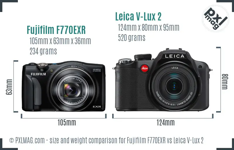 Fujifilm F770EXR vs Leica V-Lux 2 size comparison Fujifilm F770EXR vs Leica V-Lux 2 size comparison