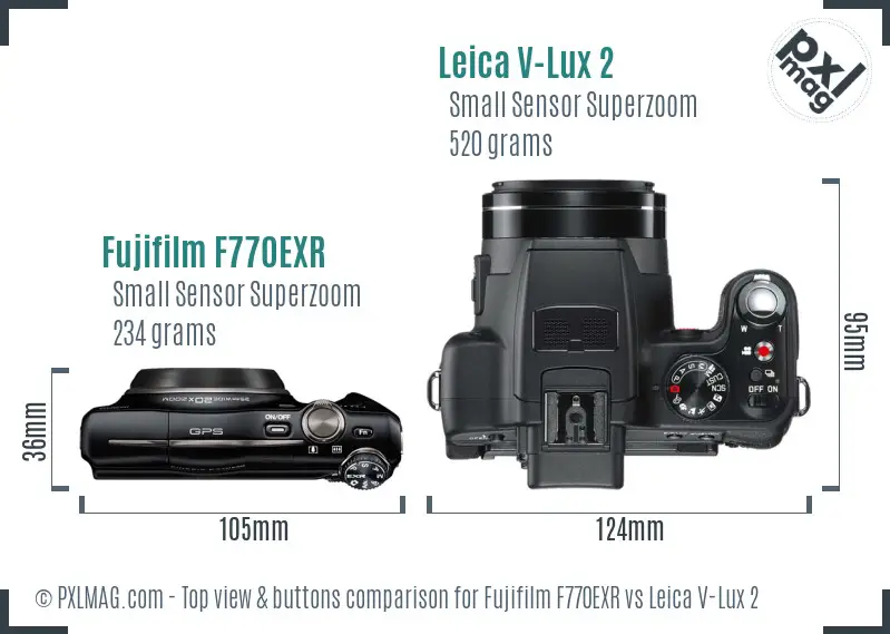 Fujifilm F770EXR vs Leica V-Lux 2 top view buttons comparison Fujifilm F770EXR vs Leica V-Lux 2 top view buttons comparison