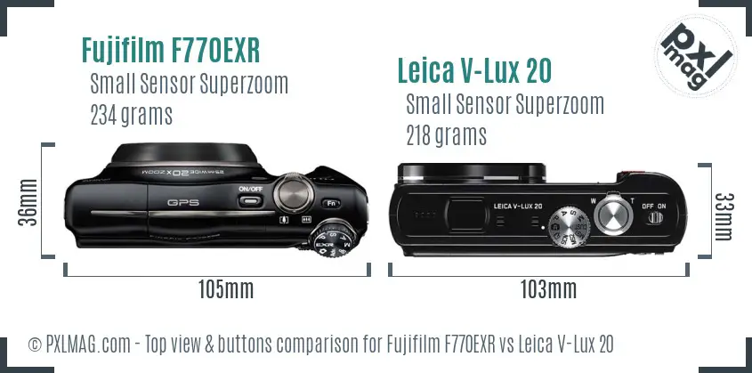 Fujifilm F770EXR vs Leica V-Lux 20 top view buttons comparison