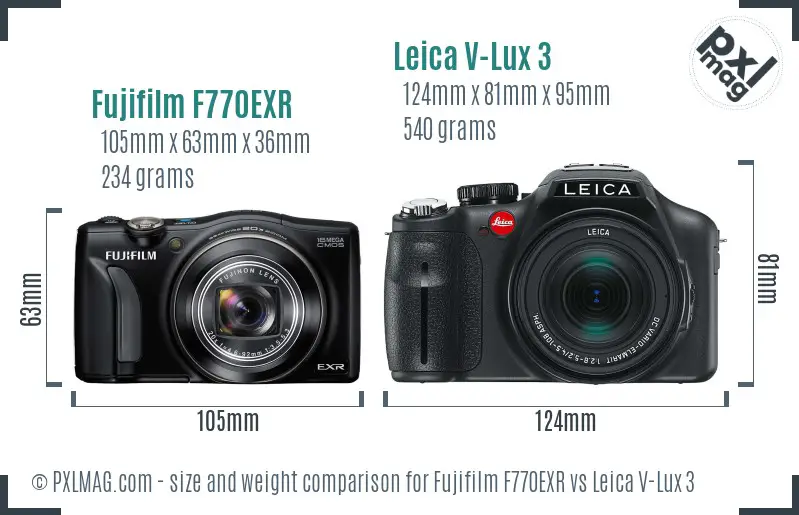 Fujifilm F770EXR vs Leica V-Lux 3 size comparison