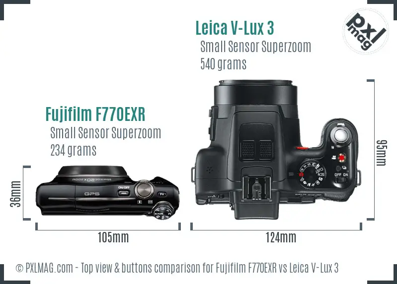 Fujifilm F770EXR vs Leica V-Lux 3 top view buttons comparison