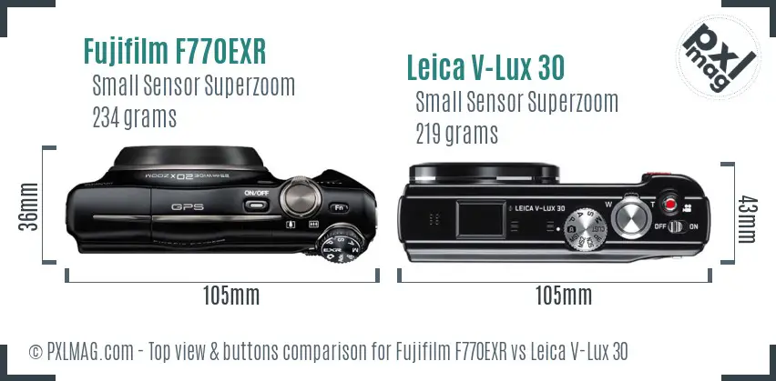 Fujifilm F770EXR vs Leica V-Lux 30 top view buttons comparison