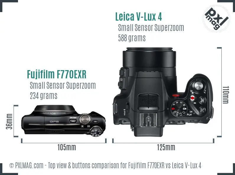 Fujifilm F770EXR vs Leica V-Lux 4 top view buttons comparison