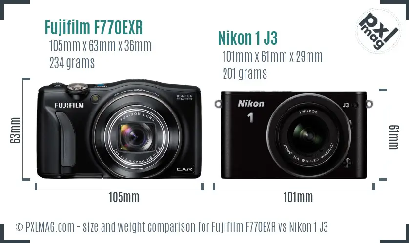 Fujifilm F770EXR vs Nikon 1 J3 size comparison