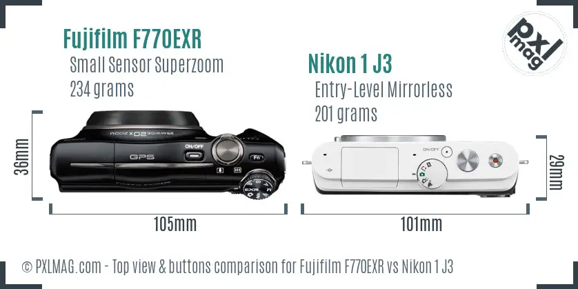 Fujifilm F770EXR vs Nikon 1 J3 top view buttons comparison