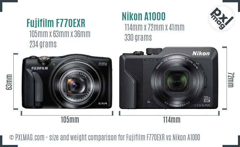 Fujifilm F770EXR vs Nikon A1000 size comparison