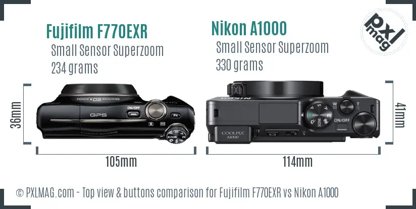 Fujifilm F770EXR vs Nikon A1000 top view buttons comparison