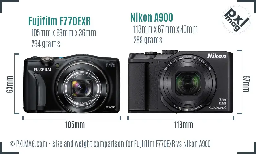 Fujifilm F770EXR vs Nikon A900 size comparison