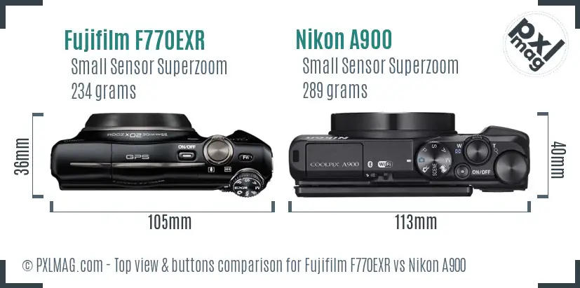 Fujifilm F770EXR vs Nikon A900 top view buttons comparison