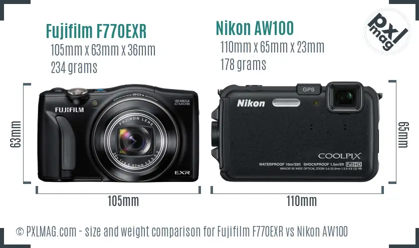 Fujifilm F770EXR vs Nikon AW100 size comparison
