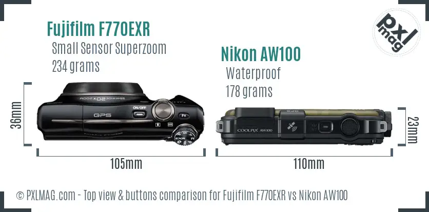 Fujifilm F770EXR vs Nikon AW100 top view buttons comparison