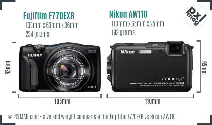 Fujifilm F770EXR vs Nikon AW110 size comparison