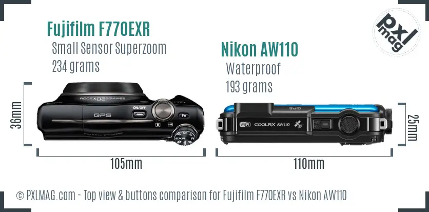 Fujifilm F770EXR vs Nikon AW110 top view buttons comparison