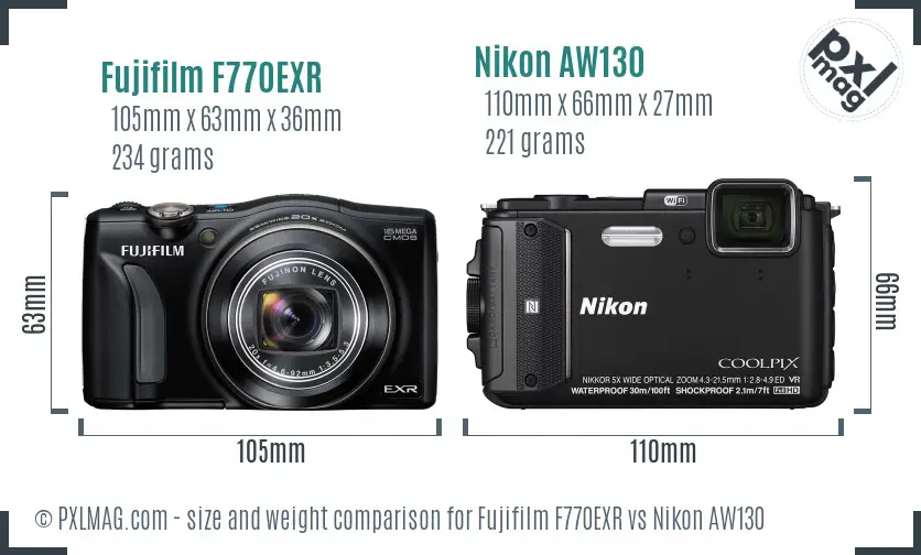 Fujifilm F770EXR vs Nikon AW130 size comparison