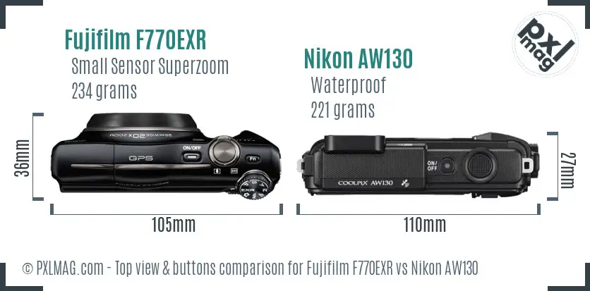 Fujifilm F770EXR vs Nikon AW130 top view buttons comparison