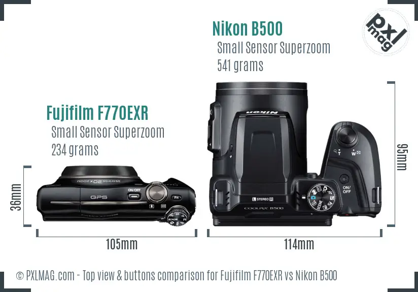 Fujifilm F770EXR vs Nikon B500 top view buttons comparison
