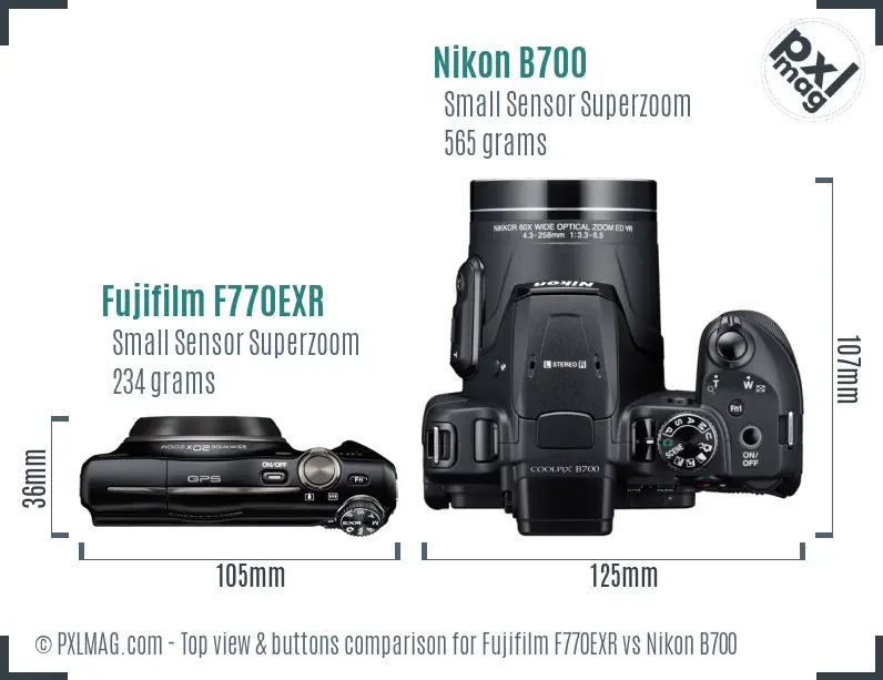 Fujifilm F770EXR vs Nikon B700 top view buttons comparison