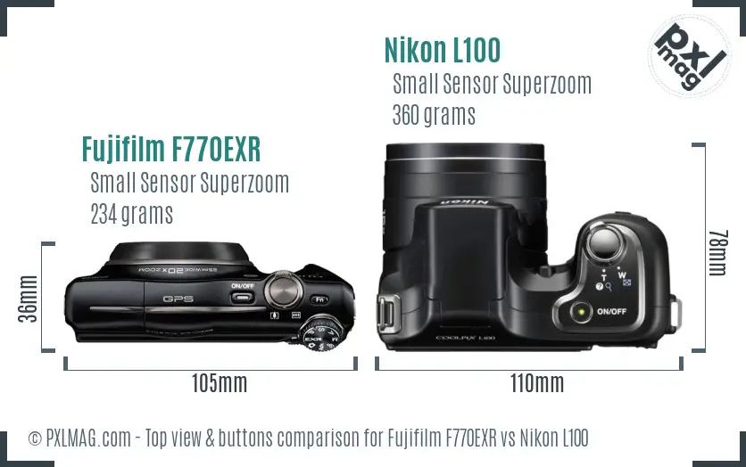 Fujifilm F770EXR vs Nikon L100 top view buttons comparison Fujifilm F770EXR vs Nikon L100 top view buttons comparison