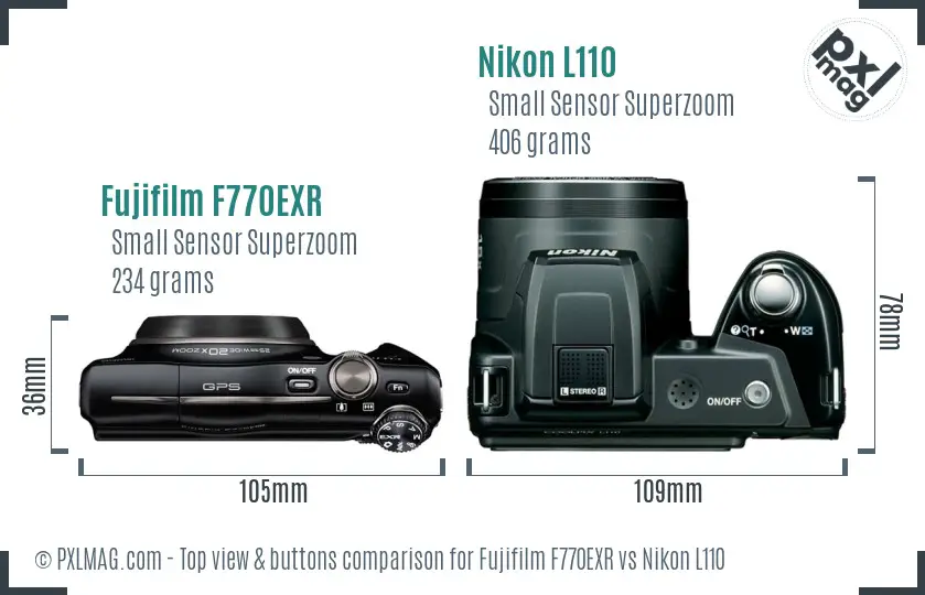 Fujifilm F770EXR vs Nikon L110 top view buttons comparison