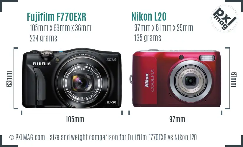 Fujifilm F770EXR vs Nikon L20 size comparison