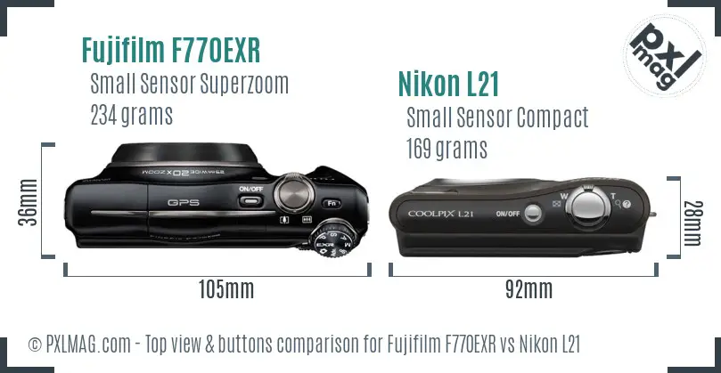 Fujifilm F770EXR vs Nikon L21 top view buttons comparison
