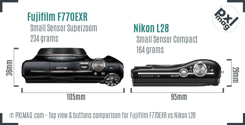 Fujifilm F770EXR vs Nikon L28 top view buttons comparison