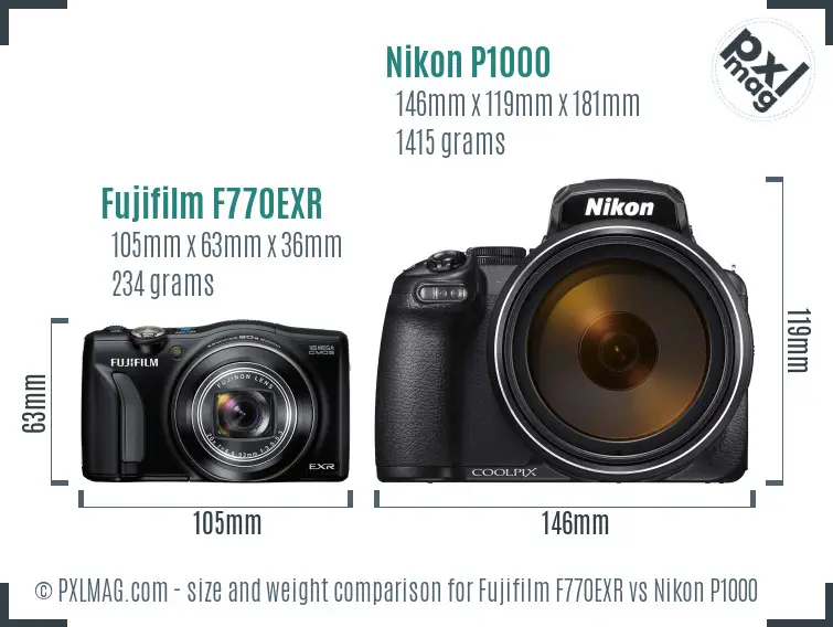 Fujifilm F770EXR vs Nikon P1000 size comparison