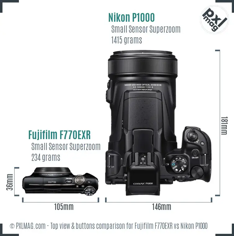 Fujifilm F770EXR vs Nikon P1000 top view buttons comparison