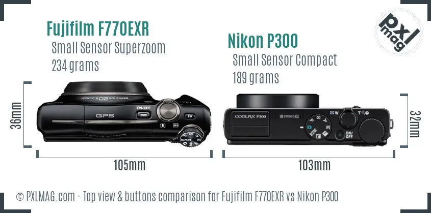 Fujifilm F770EXR vs Nikon P300 top view buttons comparison
