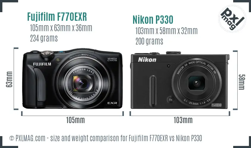 Fujifilm F770EXR vs Nikon P330 size comparison