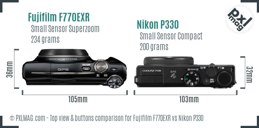 Fujifilm F770EXR vs Nikon P330 top view buttons comparison