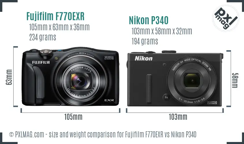 Fujifilm F770EXR vs Nikon P340 size comparison