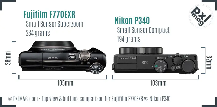Fujifilm F770EXR vs Nikon P340 top view buttons comparison