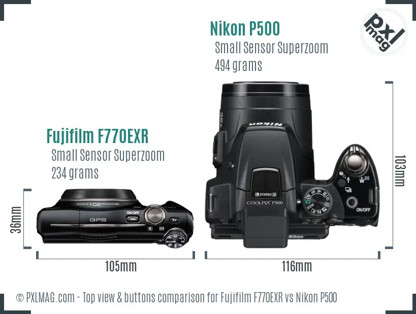 Fujifilm F770EXR vs Nikon P500 top view buttons comparison