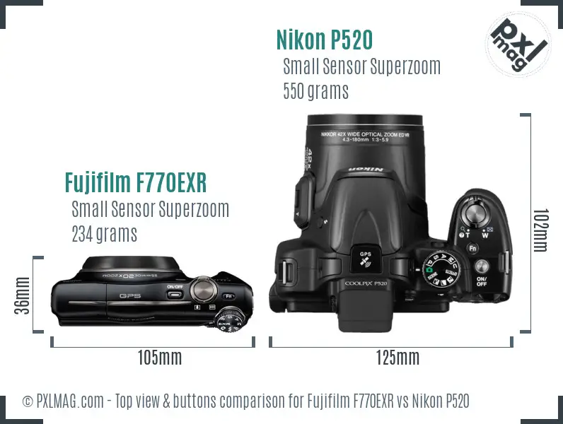 Fujifilm F770EXR vs Nikon P520 top view buttons comparison
