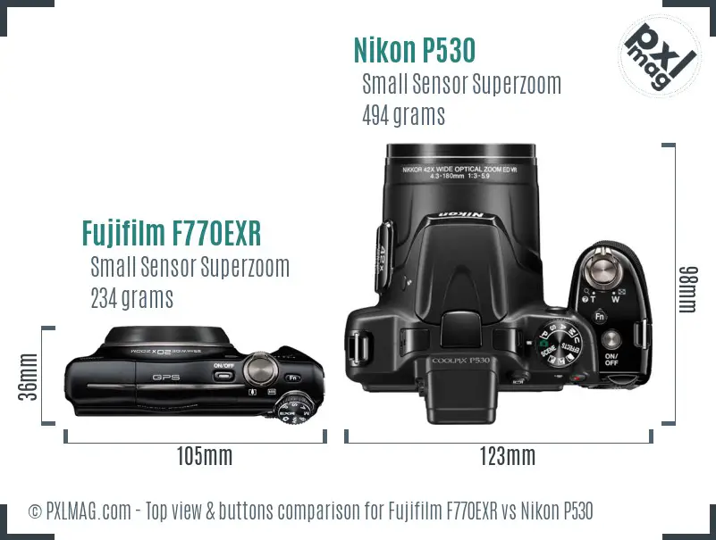 Fujifilm F770EXR vs Nikon P530 top view buttons comparison