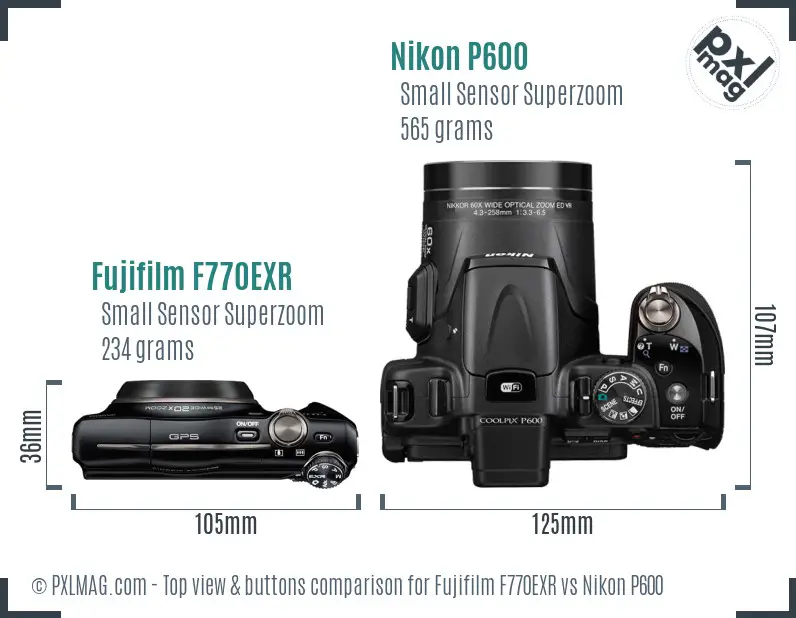 Fujifilm F770EXR vs Nikon P600 top view buttons comparison