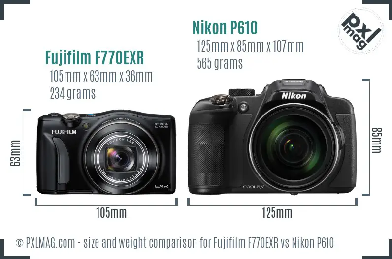 Fujifilm F770EXR vs Nikon P610 size comparison