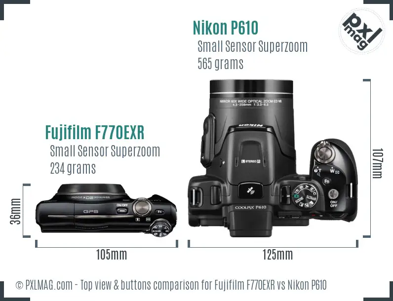 Fujifilm F770EXR vs Nikon P610 top view buttons comparison