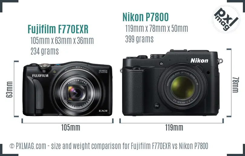 Fujifilm F770EXR vs Nikon P7800 size comparison