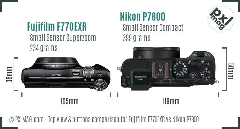 Fujifilm F770EXR vs Nikon P7800 top view buttons comparison