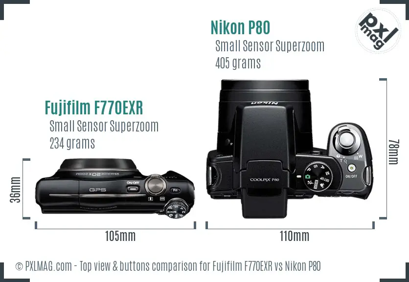 Fujifilm F770EXR vs Nikon P80 top view buttons comparison