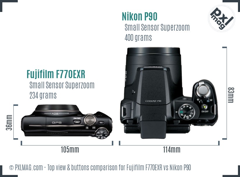 Fujifilm F770EXR vs Nikon P90 top view buttons comparison