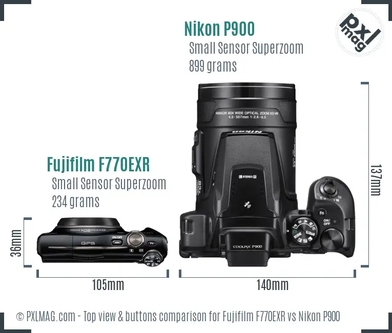 Fujifilm F770EXR vs Nikon P900 top view buttons comparison