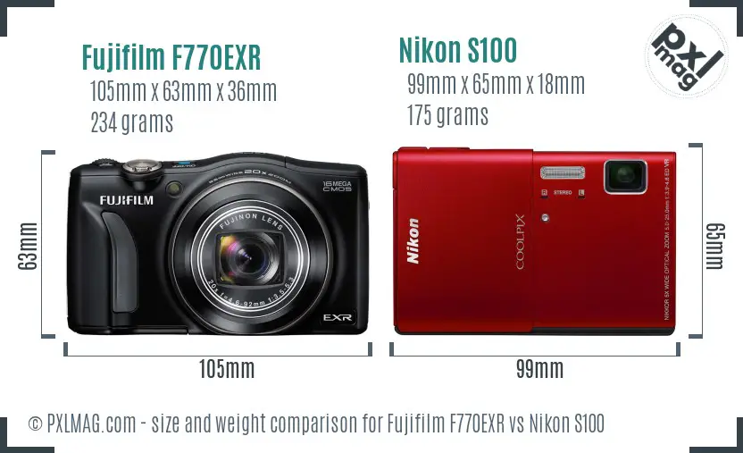 Fujifilm F770EXR vs Nikon S100 size comparison Fujifilm F770EXR vs Nikon S100 size comparison