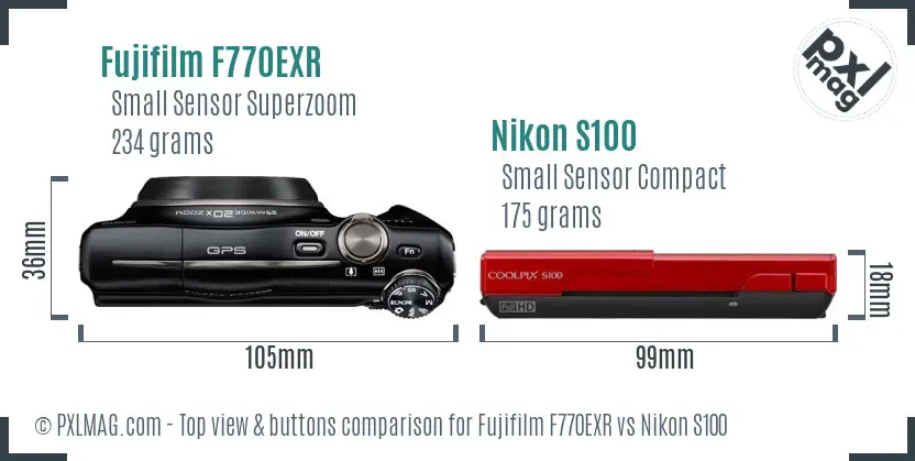 Fujifilm F770EXR vs Nikon S100 top view buttons comparison