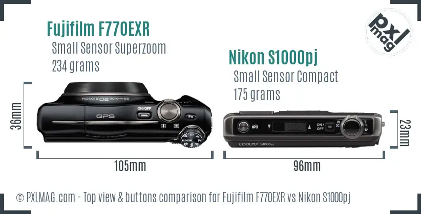 Fujifilm F770EXR vs Nikon S1000pj top view buttons comparison